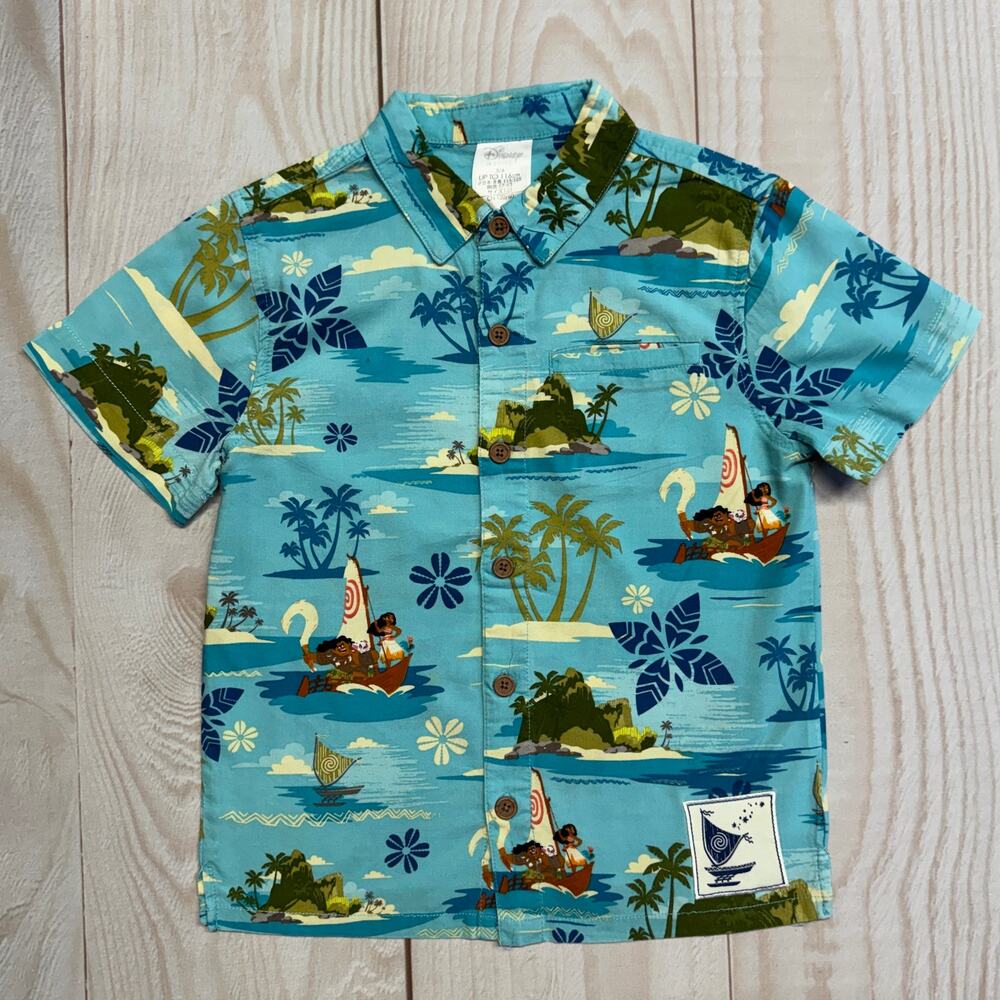 Disneyland Resort Moana Kids Size 5-6 Blue Tropical Hawaiian Shirt Disney Store